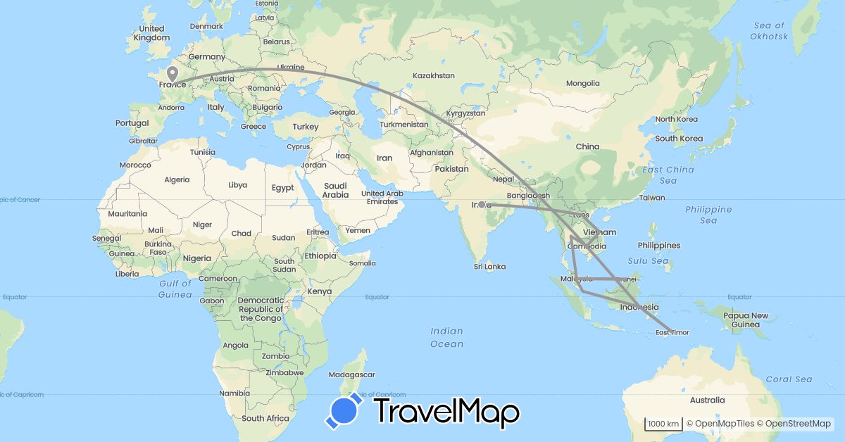 TravelMap itinerary: driving, plane in Brunei, France, Indonesia, India, Cambodia, Laos, Malaysia, Singapore, Thailand, East Timor, Vietnam (Asia, Europe)
